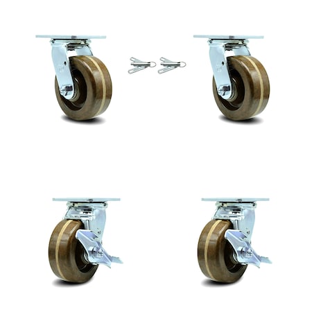 5 Inch High Temp Phenolic Caster Set With Roller Bearings 2 Swivel Lock 2 Brake